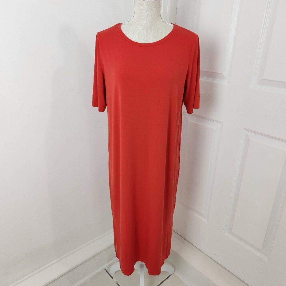 Eileen Fisher Dress Womens M Orange Midi Jersey Knit Minimalist Modest Comfy
